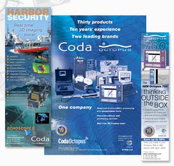 Examples of CodaOctopus corporate advert (centre) and Coda and Octopus brand adverts
