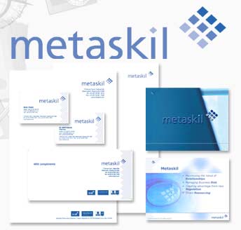 Elements of the Metaskil brand: logo; stationery; and Powerpoint presentation styling