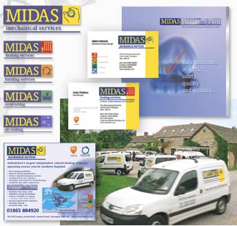 Elements of the Midas brand: logos; stationery; sales literature; advertising; and vehicle livery